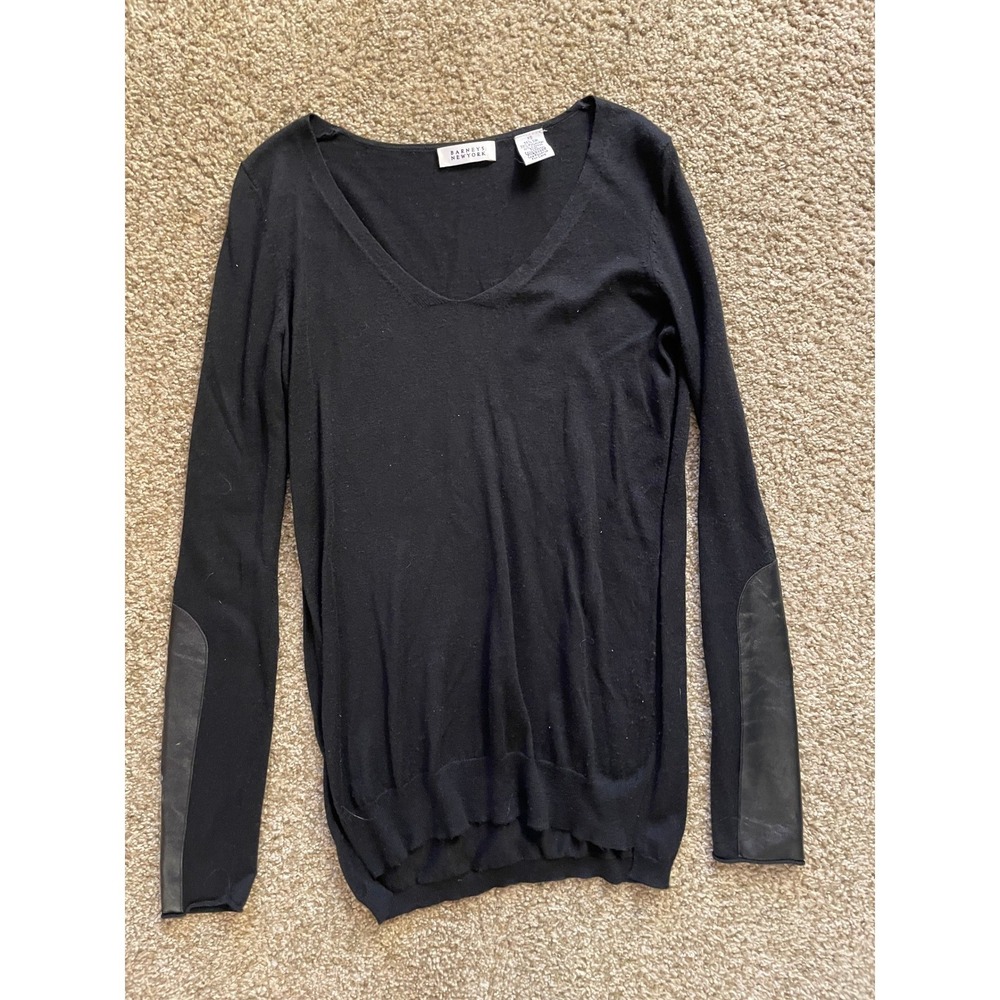 Barneys New York Silk Blend V-Neck Sweater Black Faux Leather Trim XS
